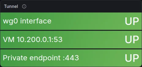 Tunnel stat panel after wg0 is up: all three checks UP
